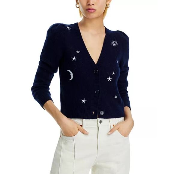 Aqua Cashmere Celestial Embroidered Diamond Pointelle Puff Sleeve Navy Cardigan - Picture 1 of 7
